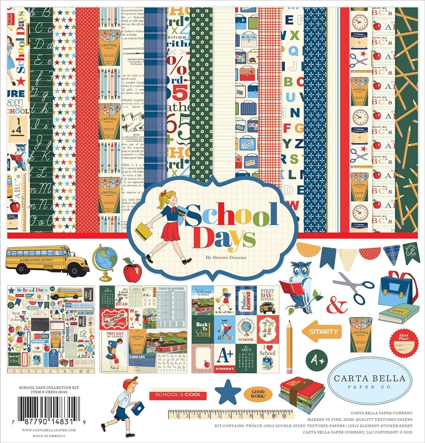 Carta Bella Paper Company School Days Collection Kit paper, navy, red, yellow, green, 12-x-12-Inch