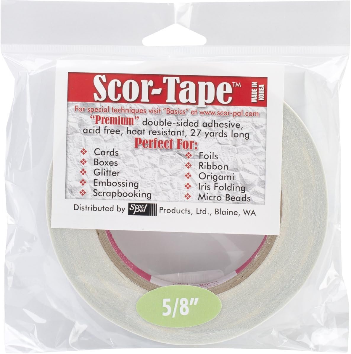 Scor-Tape 0.625" (5/8") wide x 27 yards long, double sided adhesive