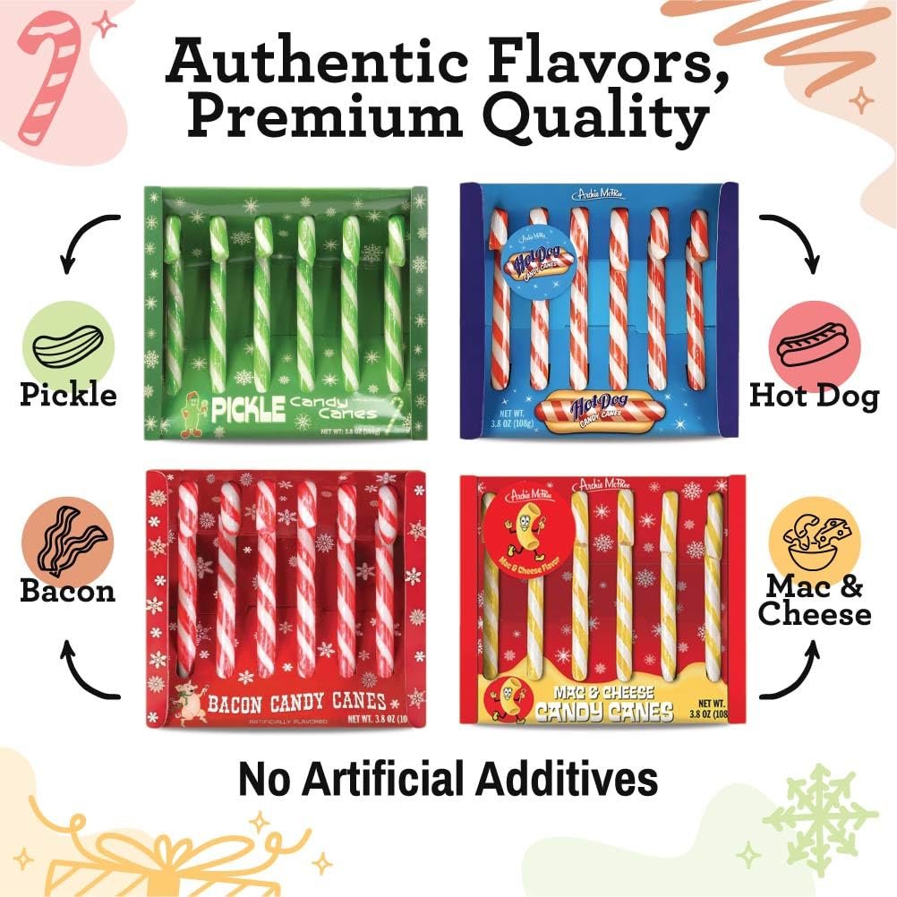 Archie McPhee Candy Canes Pickle and Hot Dog Flavors - Pickle Flavored Candy Canes and Hot Dog Flavored Candy Canes - Weird Candy Cane Bundle