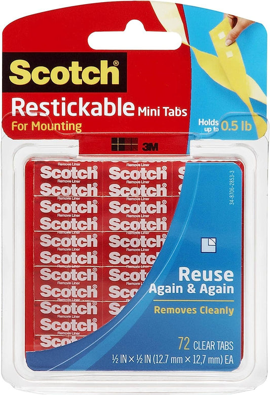 Scotch Mounting, Fastening & Surface Protection x 0.5-inch, 72 Scotch Restickable Mini Tabs, 0.5"x0.5", Clear (R103), 1/2" Square, Count