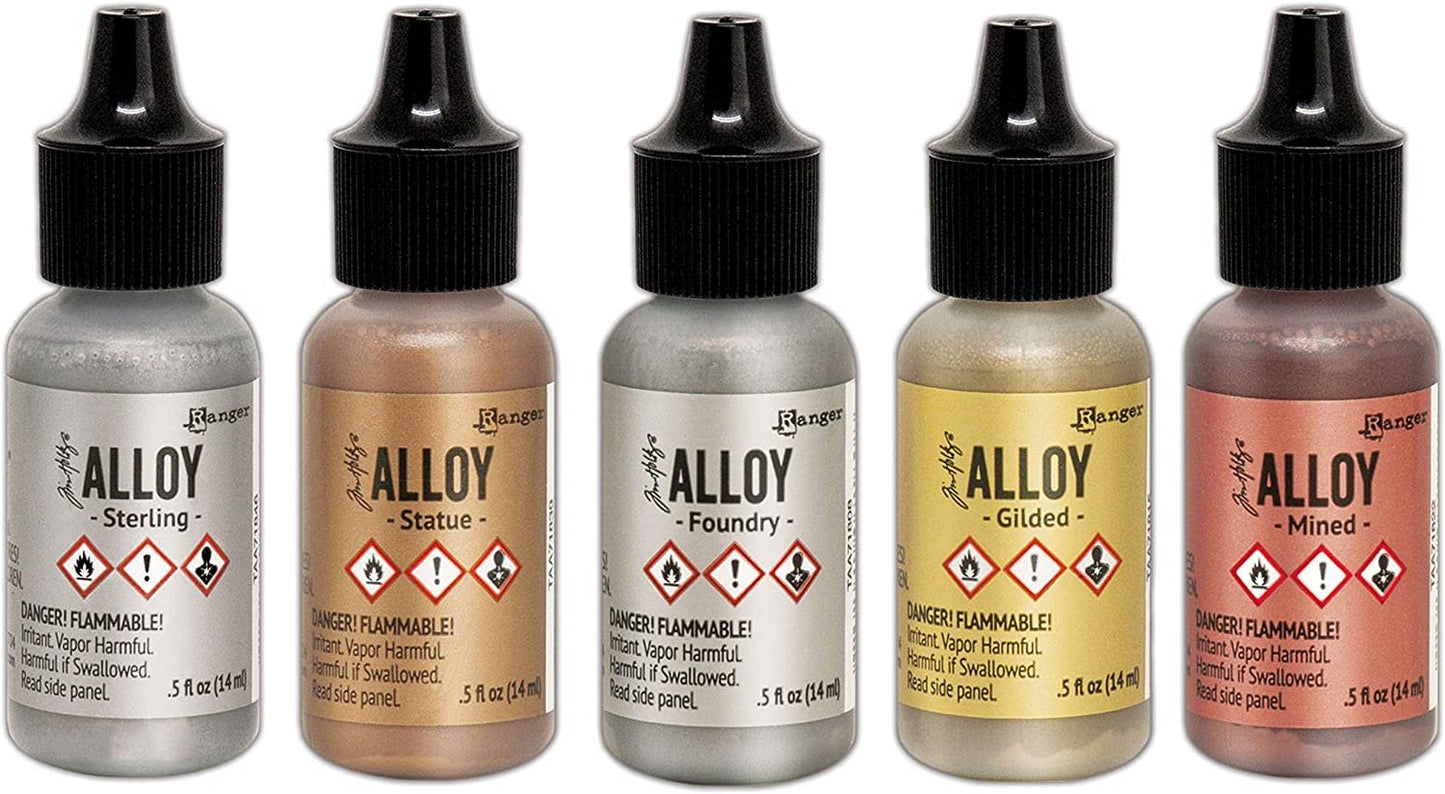 Tim Holtz Alloys Alcohol Inks Complete Metallic Set Includes Gilded, Mined, Foundry, Statue, Sterling, 5 Item Bundle