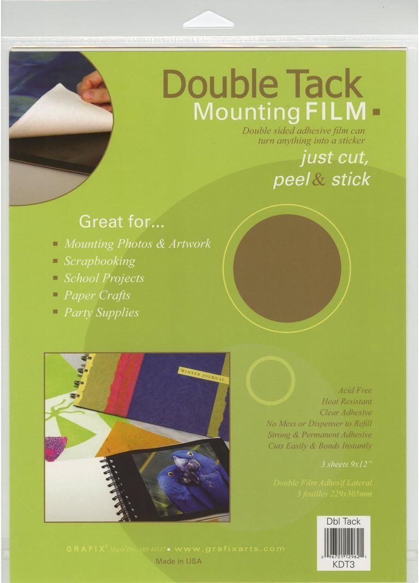 Grafix KDT3 Double Tack Archival 9" x 12" Mounting Film (3 Sheets), Double Coated Film Between Two Layers of Paper, Easy to Cut, Permanent Adhesive, Acid-Free