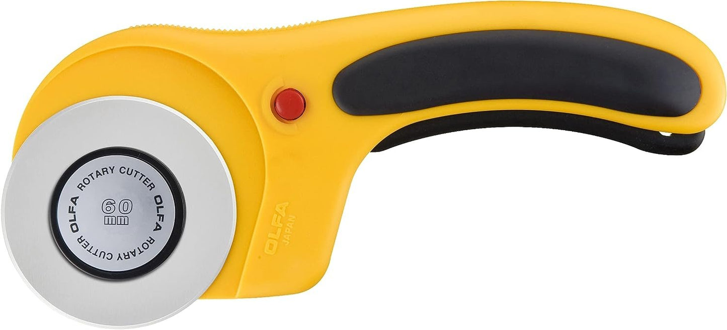 OLFA 60mm Ergonomic Rotary Cutter (RTY-3/DX) - Rotary Fabric Cutter w/Blade Cover & Squeeze Trigger for Quilting, Sewing, Crafts, Replacement Blade: OLFA RB60-1