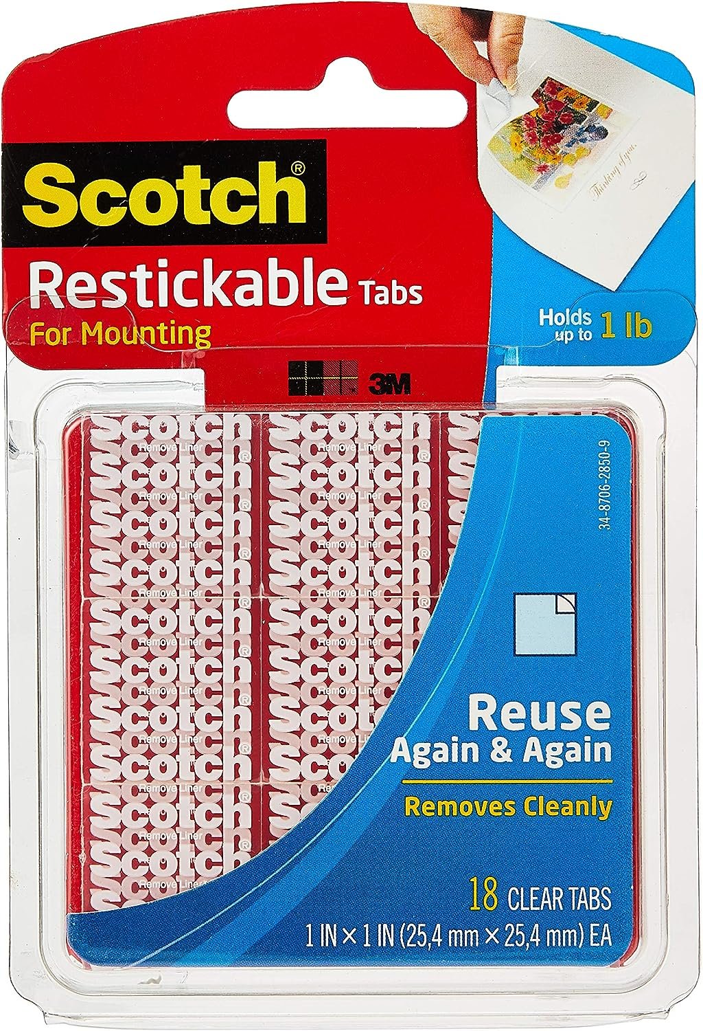 Scotch Restickable Tabs, Clear, 1-in x 1-in, 18-Tabs (R100)