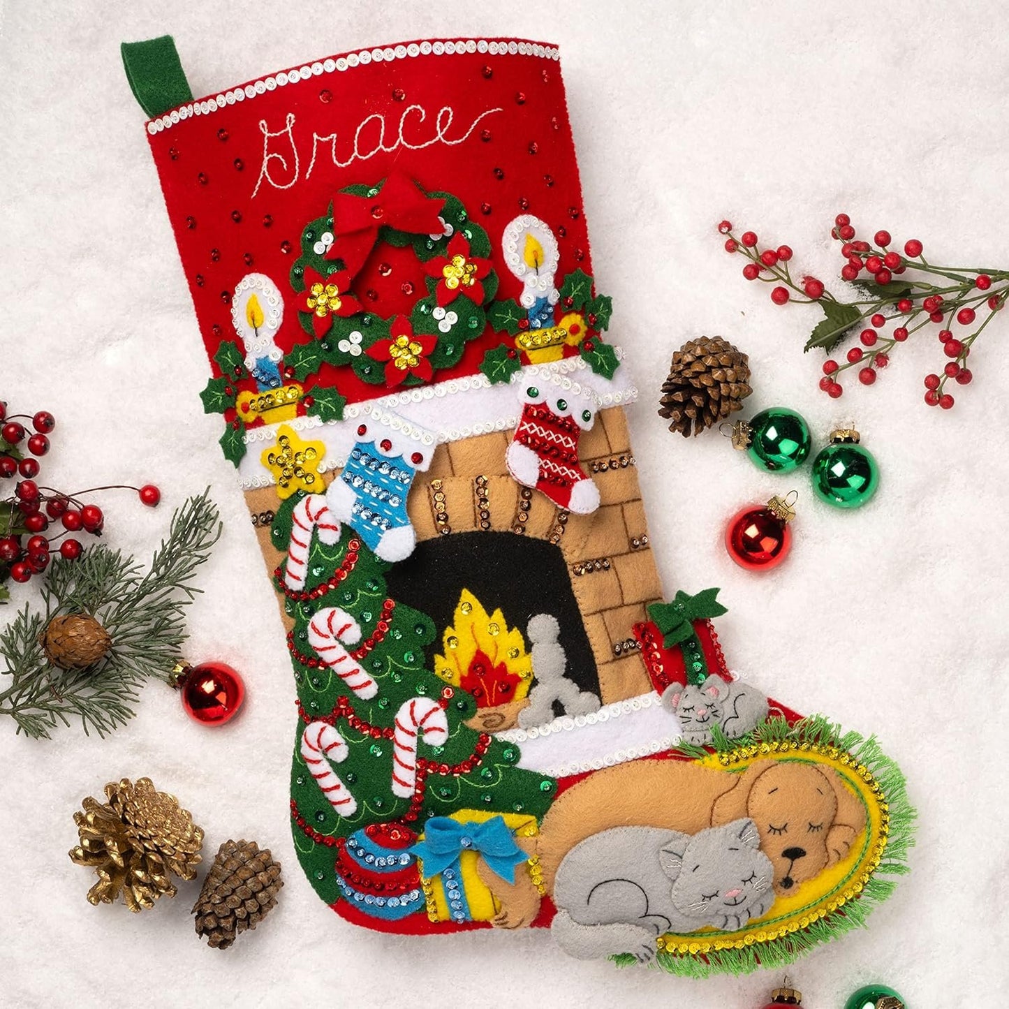 Bucilla Felt Applique 18" Stocking Making Kit, Holiday Hearth, Perfect for DIY Arts and Crafts, 89486E