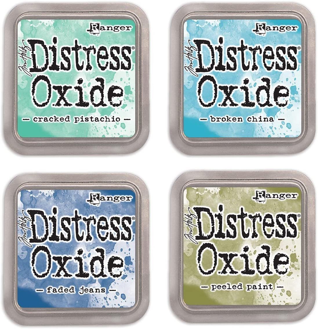 Ranger Tim Holtz Distress Oxide Ink Pads Bundle of 4 Colors - Cracked Pistachio, Broken China, Faded Jeans and Peeled Paint
