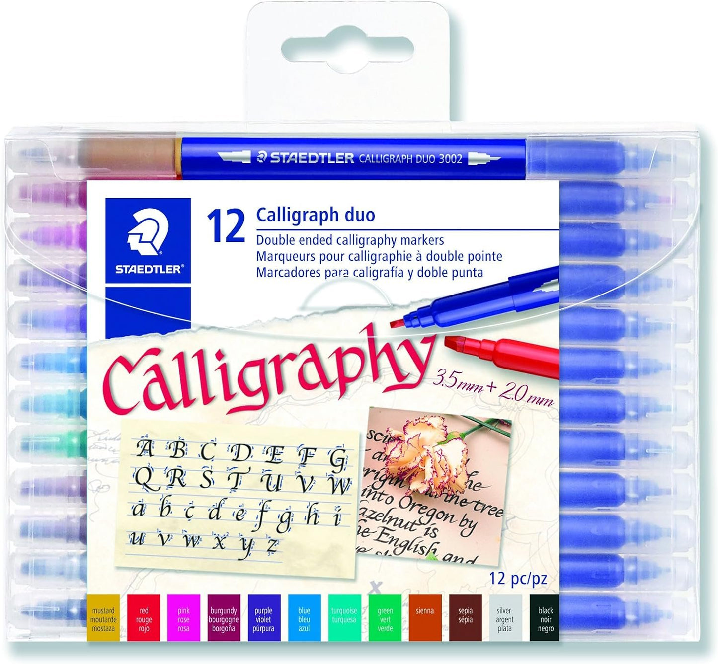 STAEDTLER double ended calligraphy markers, calligraph duo, for narrow and broad lettering designs, pigmented ink, 12 assorted colors, 3002TB12LU