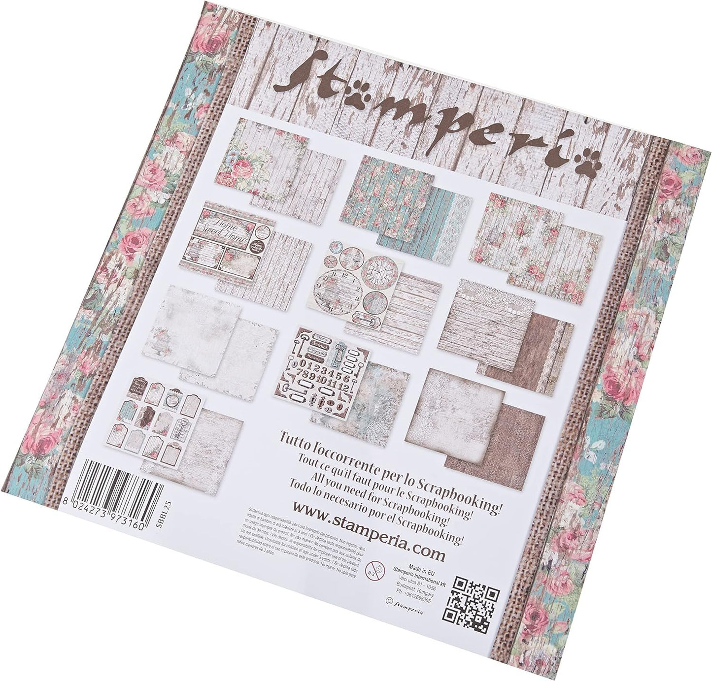 Stamperia International KFT SBBL25 Pack 10 Sheets Double face-Roses, lace and Wood, 30.5 x 30.5 (12" x 12"), Multicoloured