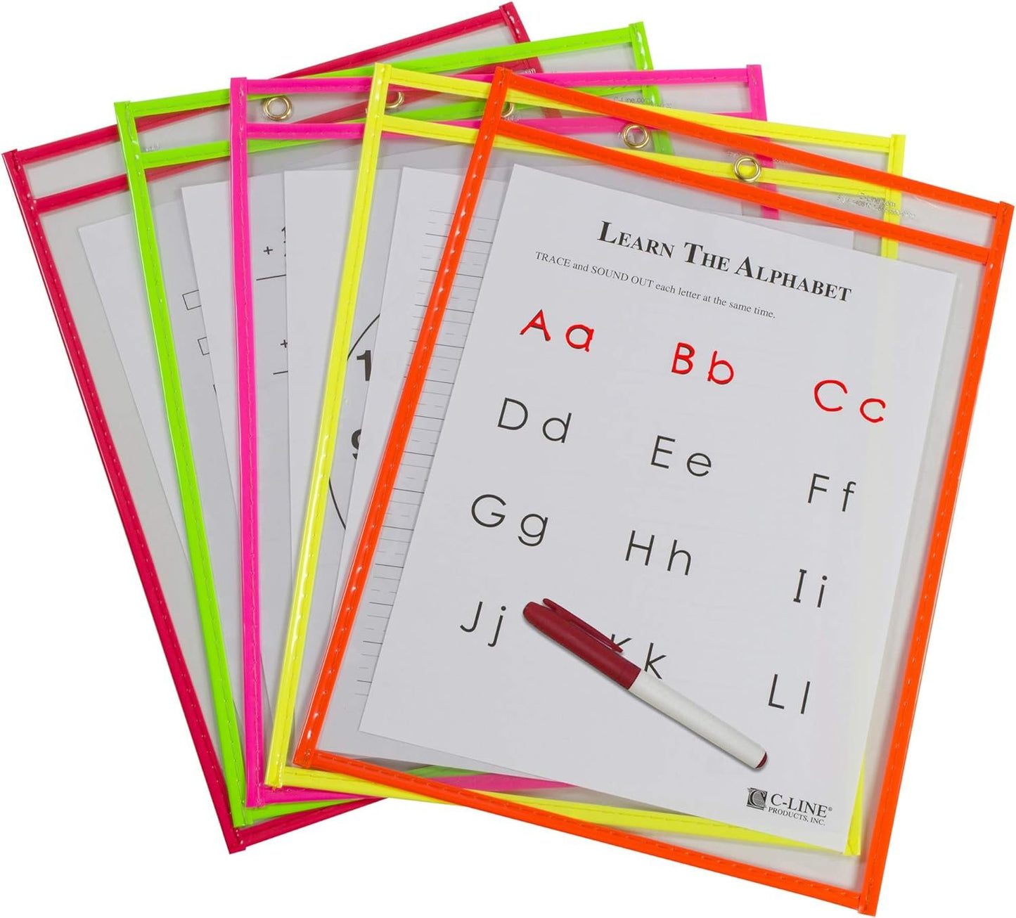 C-Line Reusable Dry Erase Pockets, 9 x 12 Inches, Assorted Neon Colors, 10 Pockets per Pack (40810)