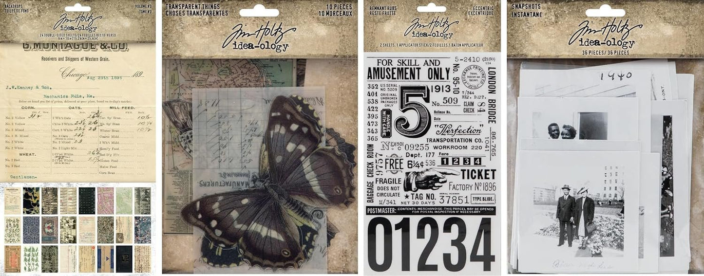 Tim Holtz Idea-Ology 2022 Backdrops Volume #3, Transparent Things, Eccentric Remnant Rubs and Snapshots - 4 Item Bundle, Ivory