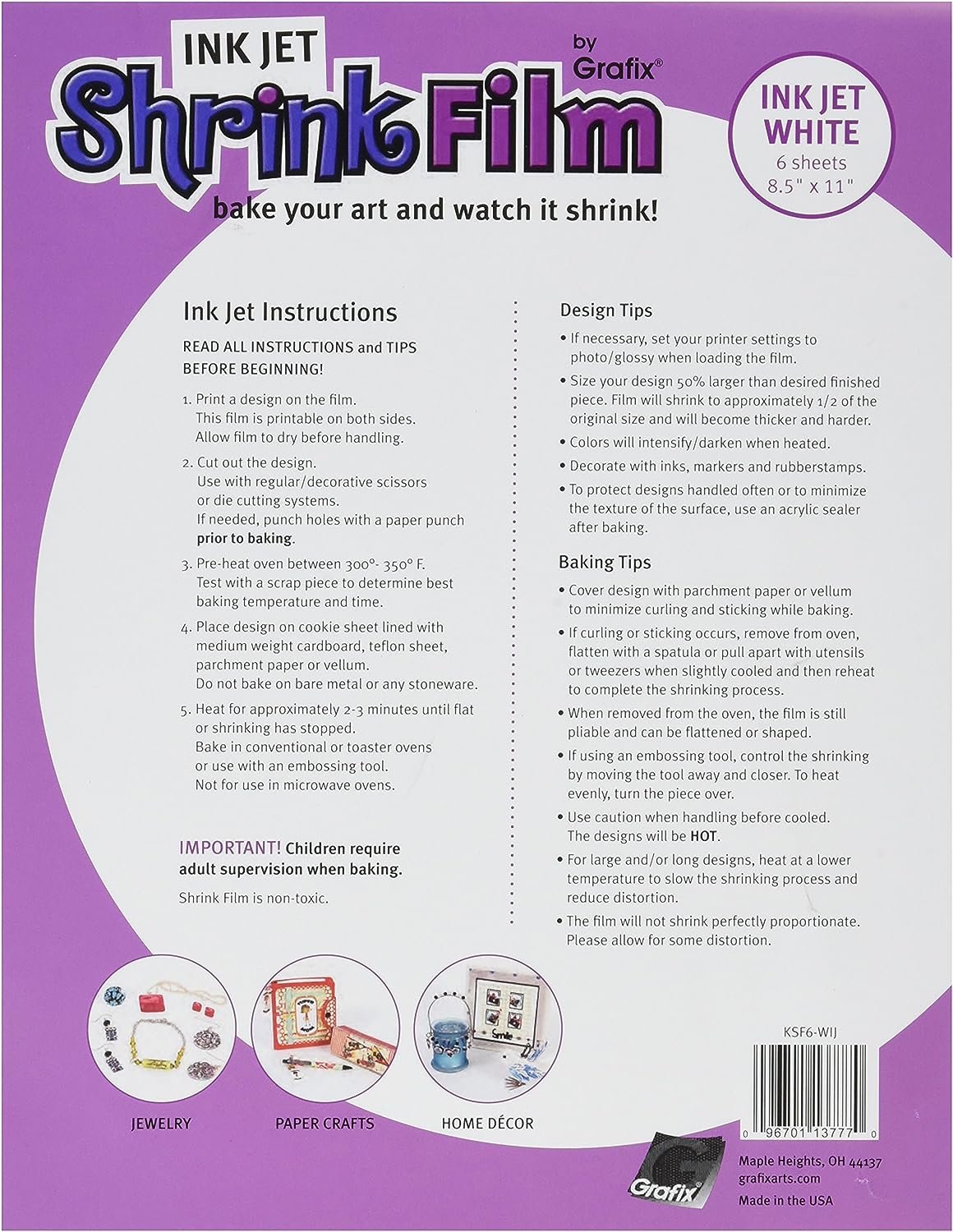 Grafix Ink-Jet Printable Shrink Film – White, 8.5 x 11”, Pack of 50 – Printable Shrink Sheets, Design Your Art, Print, and Shrink It to Create Jewelry, Embellishments, Paper Crafts, Ornaments and More