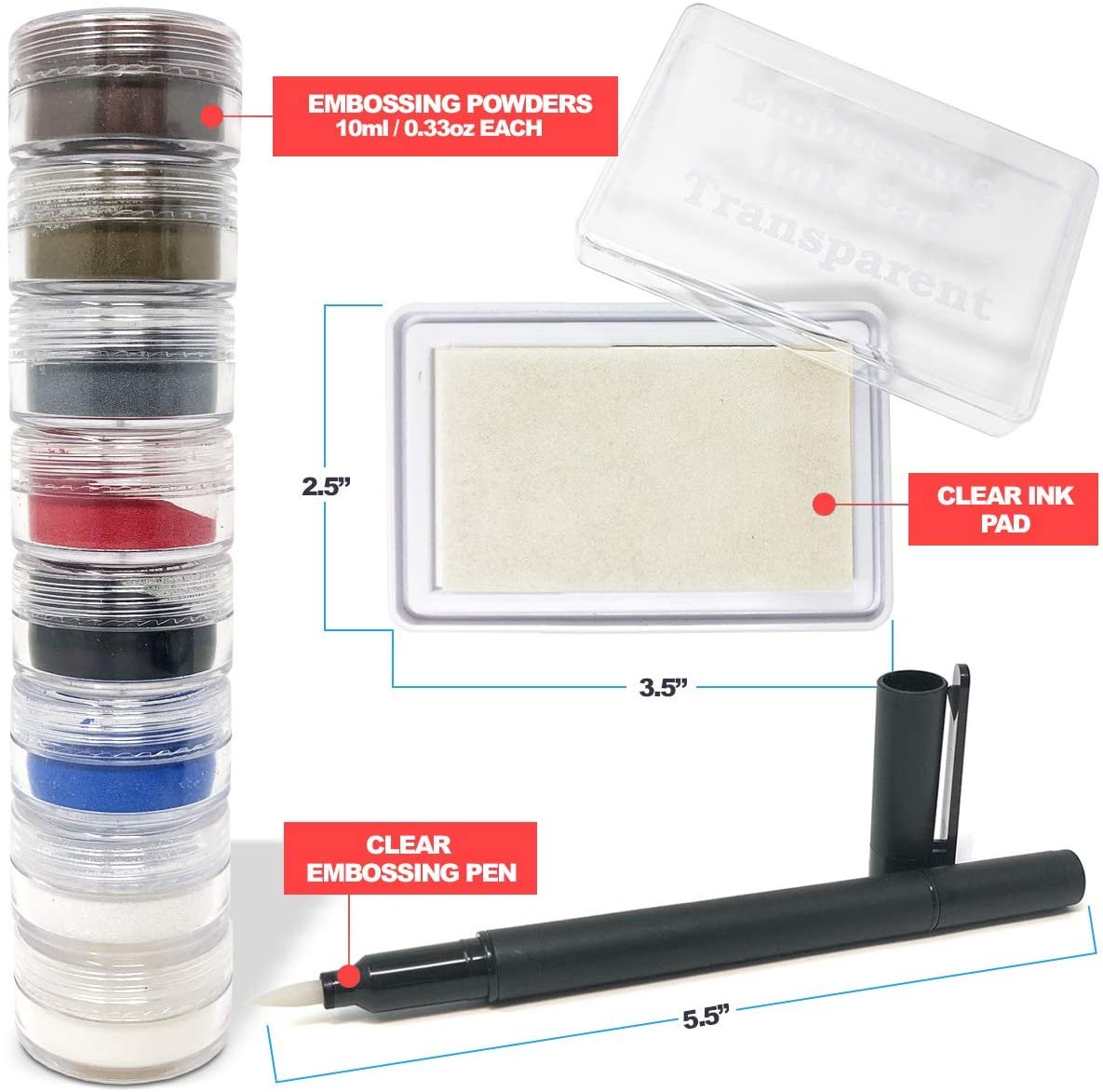 Embossing Kit - 3 Super Fine Embossing Powder with Two Inkssentials Stays  on Ink Embossing Pen Black and Clear Pen & Powder
