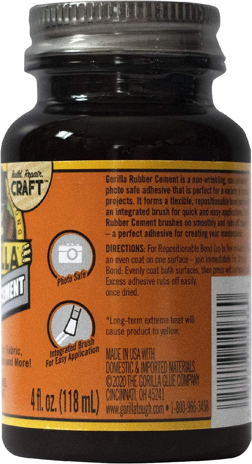 Gorilla Rubber Cement with Brush Applicator, 4 Fl oz, Clear, (Pack of 2)