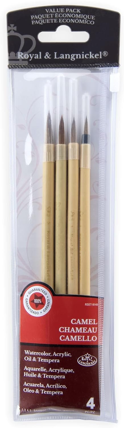 Royal & Langnickel RSET-9149 Royal Zip N' Close Brown Bamboo 4-Piece Brush Set, 10.5 x 2.9 x 0.5