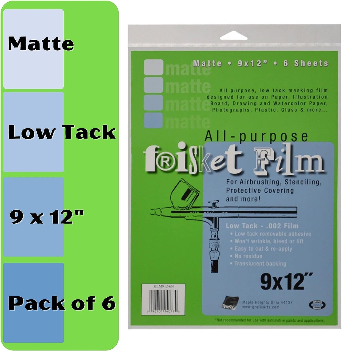 Grafix All Purpose Low Tack Frisket Film SSelf-Adhering Removeable Adhesive Sheets, for Airbrushing, Retouching, Stencils, Rubber Stamping, Watercolor, and Masking, 9 x 12, Matte, 6 Pack, 9" x 12"