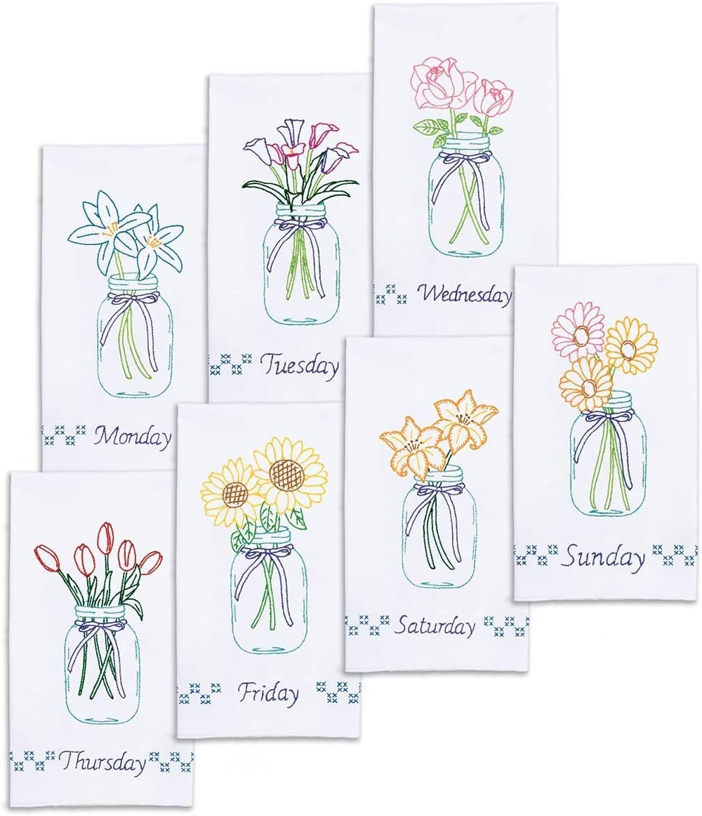 Jack Dempsey Needle Art Mason Jar Bouquets Embroidery Towels, Cotton, white