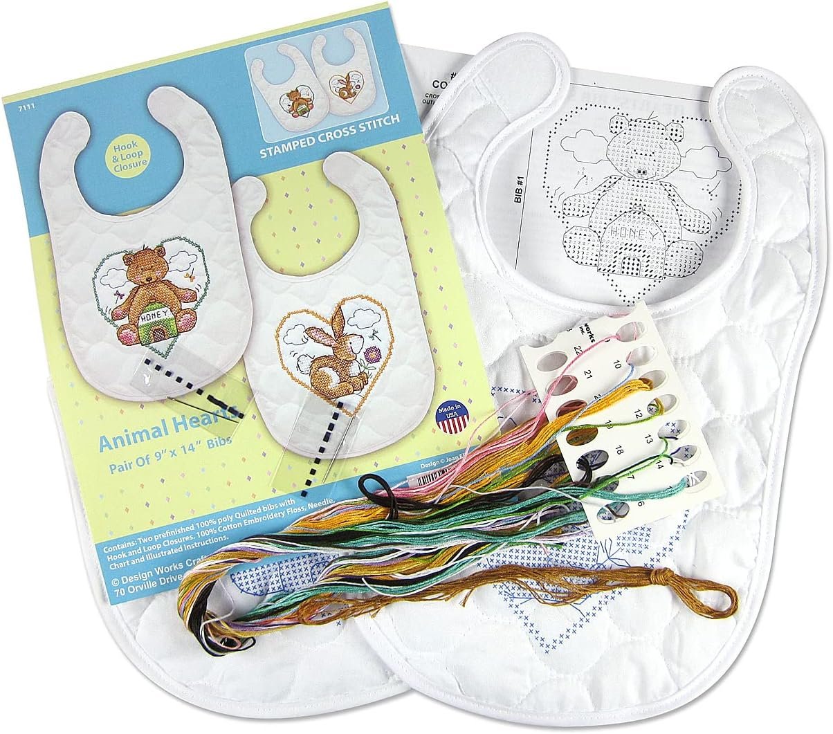 Design Works Crafts Janlynn Stamped for Cross Stitch Baby Bib Kit, Animal Hearts