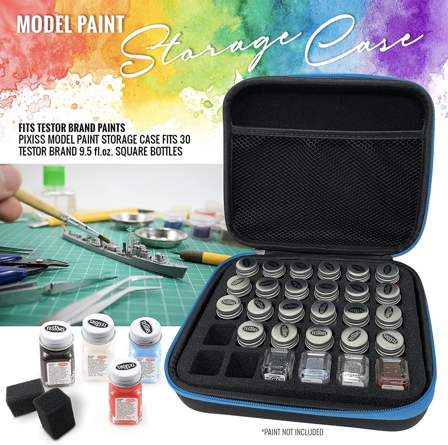 Pixiss Model Paint Storage Case - Acrylic Paint Organizer Holder Tray Works with Round Top Hobby Paint Brands - Pixiss Model Accessory Kit for Gundam Model Assemble Building - Miniature Paint Organizer Case