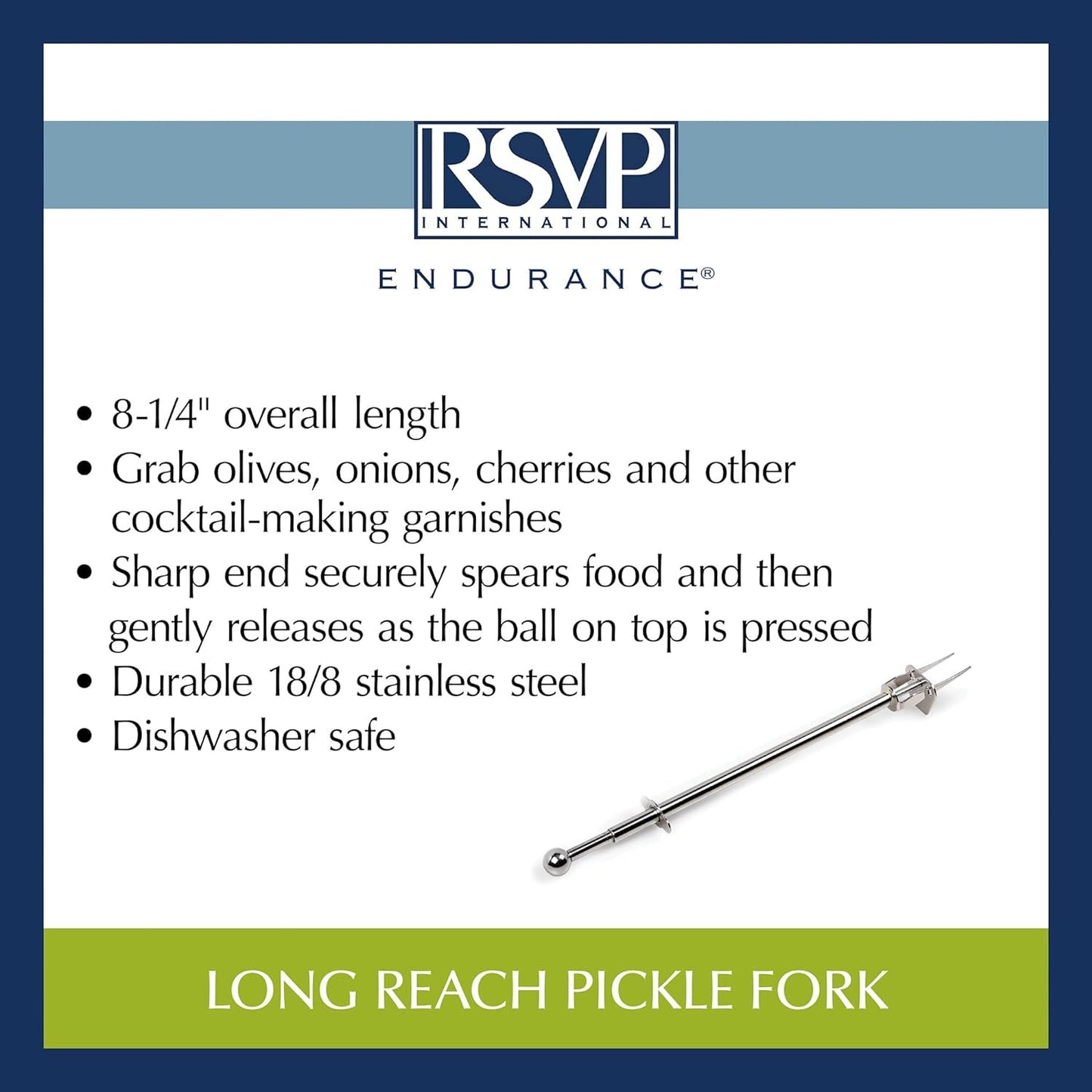 RSVP Endurance 18/8 Stainless Steel Long-Reach Pickle Fork, 8-1/2- Inch