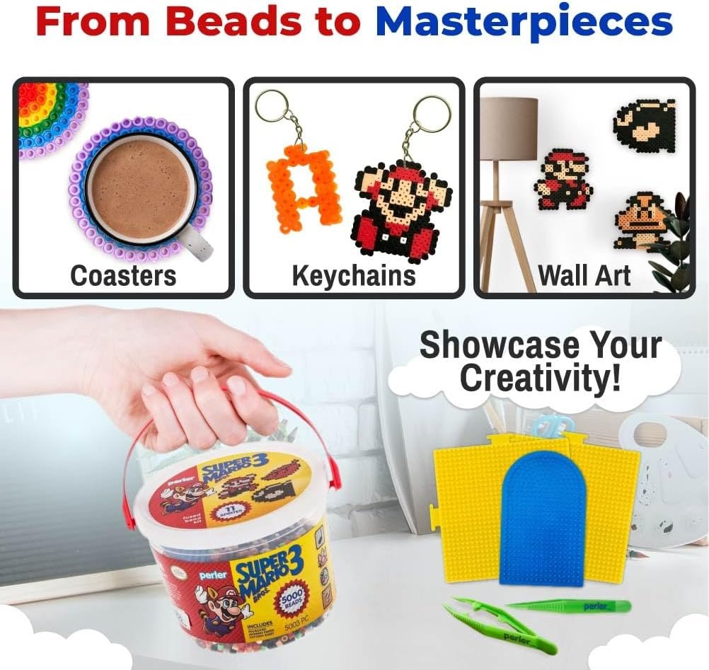 Super Mario Bros 3 Perler Beads Set with Perler Bead Pegboard (x3), Perler Tweezers (x2) and Ironing Paper - Fuse Bead Kit for Mini Beads Pixel Art - 5000 pcs Perler Beads Kit