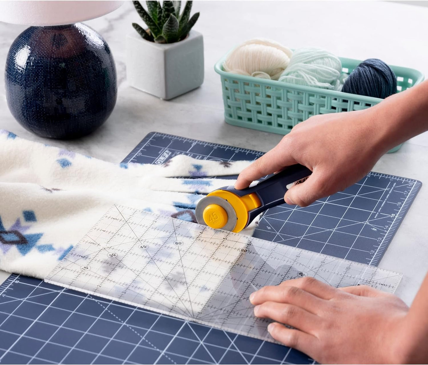OLFA 45mm Quick-Change Rotary Cutter (RTY-2C/NBL) - Rotary Fabric Cutter w/ Blade Cover for Crafts, Sewing, Quilting, Replacement Blade: OLFA RB45-1 (Navy)