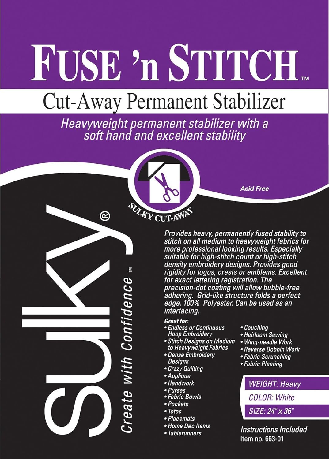 Sulky 102744 Fuse 'n Stitch Cut-Away Permanent Stabilizer, 24"X36",White