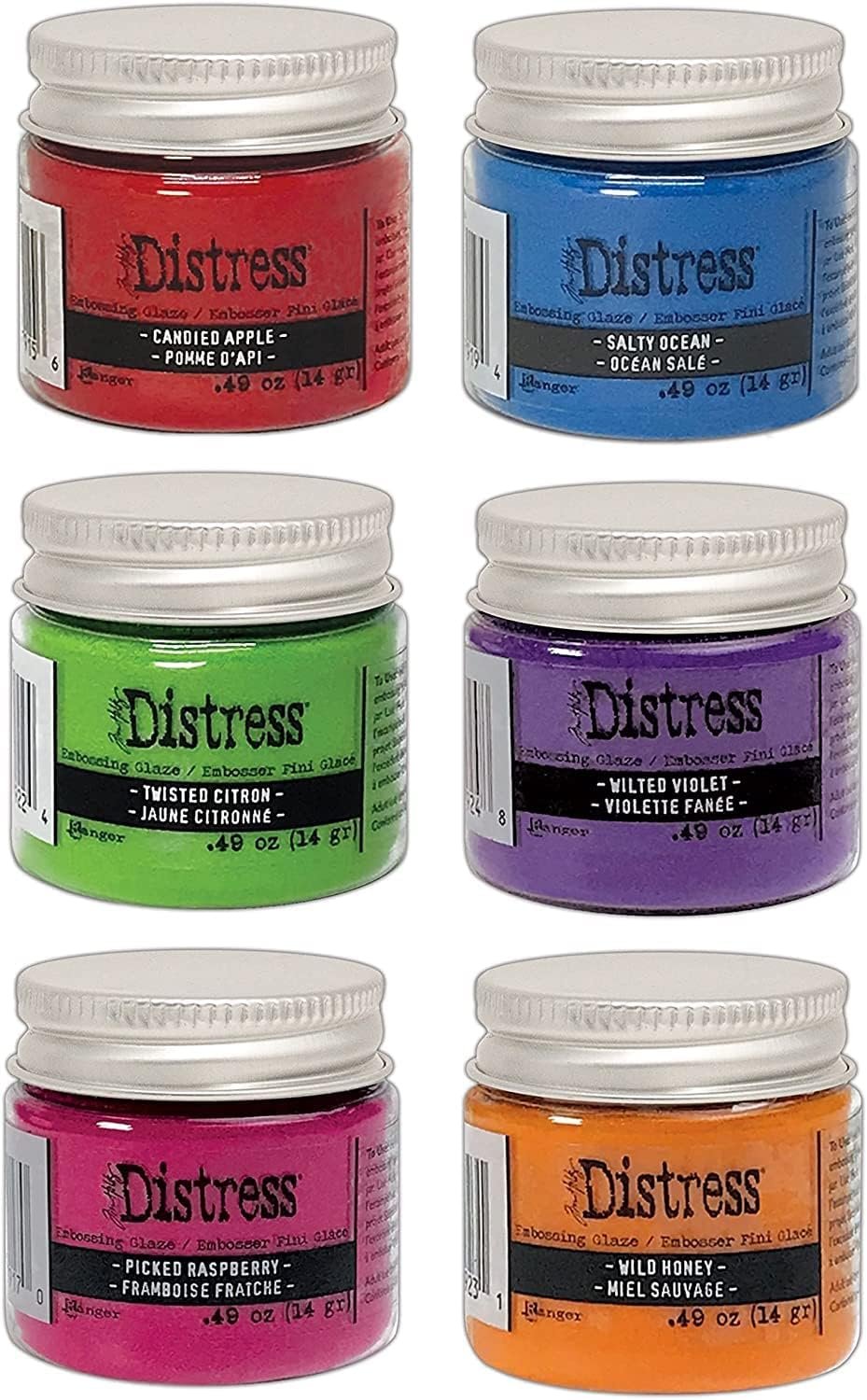 Tim Holtz Distress Embossing Glaze Bundle 6 Bright Colors, Candied Apple, Picked Raspberry, Salty Ocean, Twisted Citron, Wild Honey, Wilted Violet
