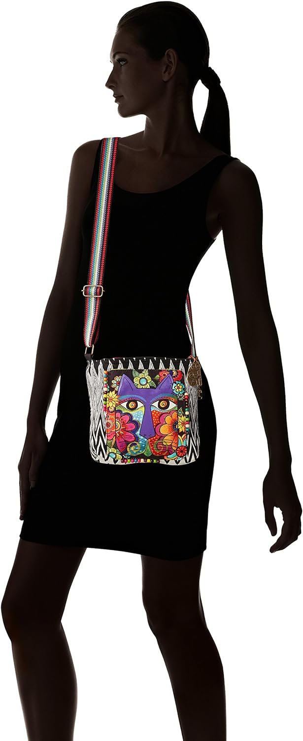 Laurel Burch 138199 Crossbody 13.5"X4"X10", Blossoming Feline,Blk/Wht/Pur