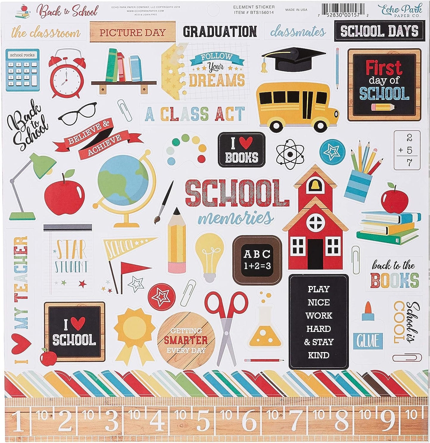 Echo Park Paper Company Back to School Collection Kit paper, 2-x-2, Blue/Black/Red/Green/Yellow