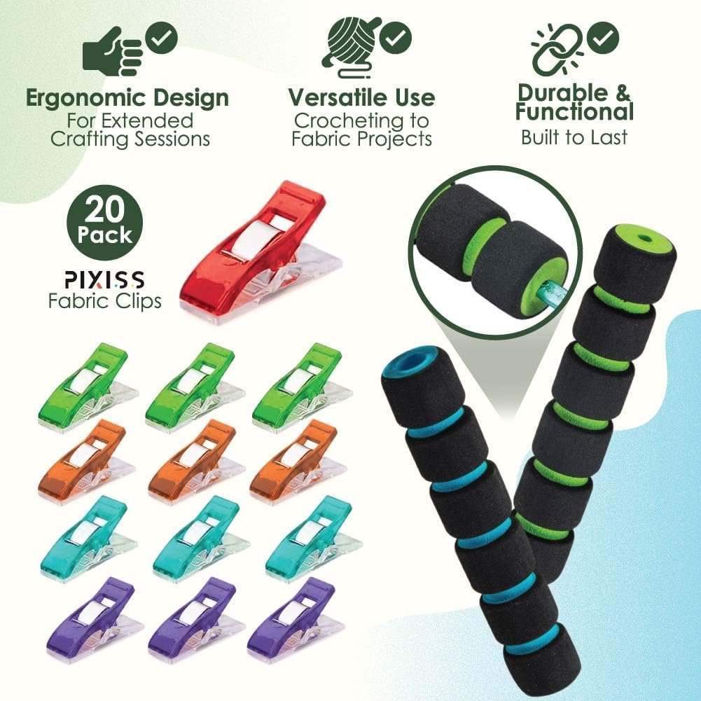 Susan Bates Cushion Crochet Hook Grips and Pixiss Fabric Clips (20) - Soft Ergonomic Crochet Hook Grip Set for Reducing Hand Strain and Crafters or Crochet Artists with Arthritis