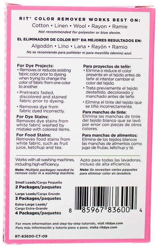Rit Dye Powder Color & Rust Remover Great for Crafting DIY Works on Most Fabric Cotton Nylon, Chlorine Free