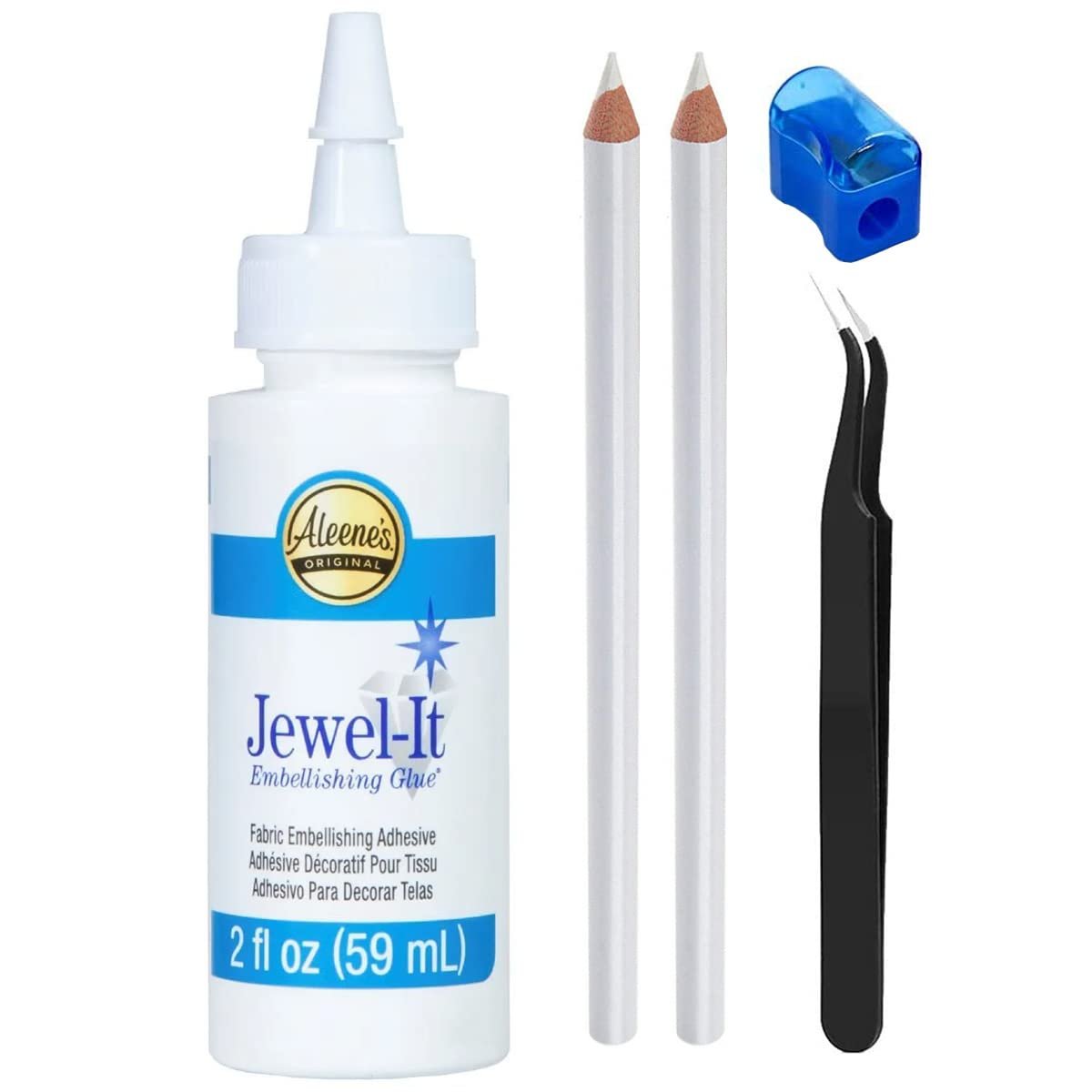Jewel-It Embellishing Glue 2oz Fabric Glue and Adhesive with Pixiss Accessories Needle Tip Tweezers, and 2 Jewel Picker Pencils