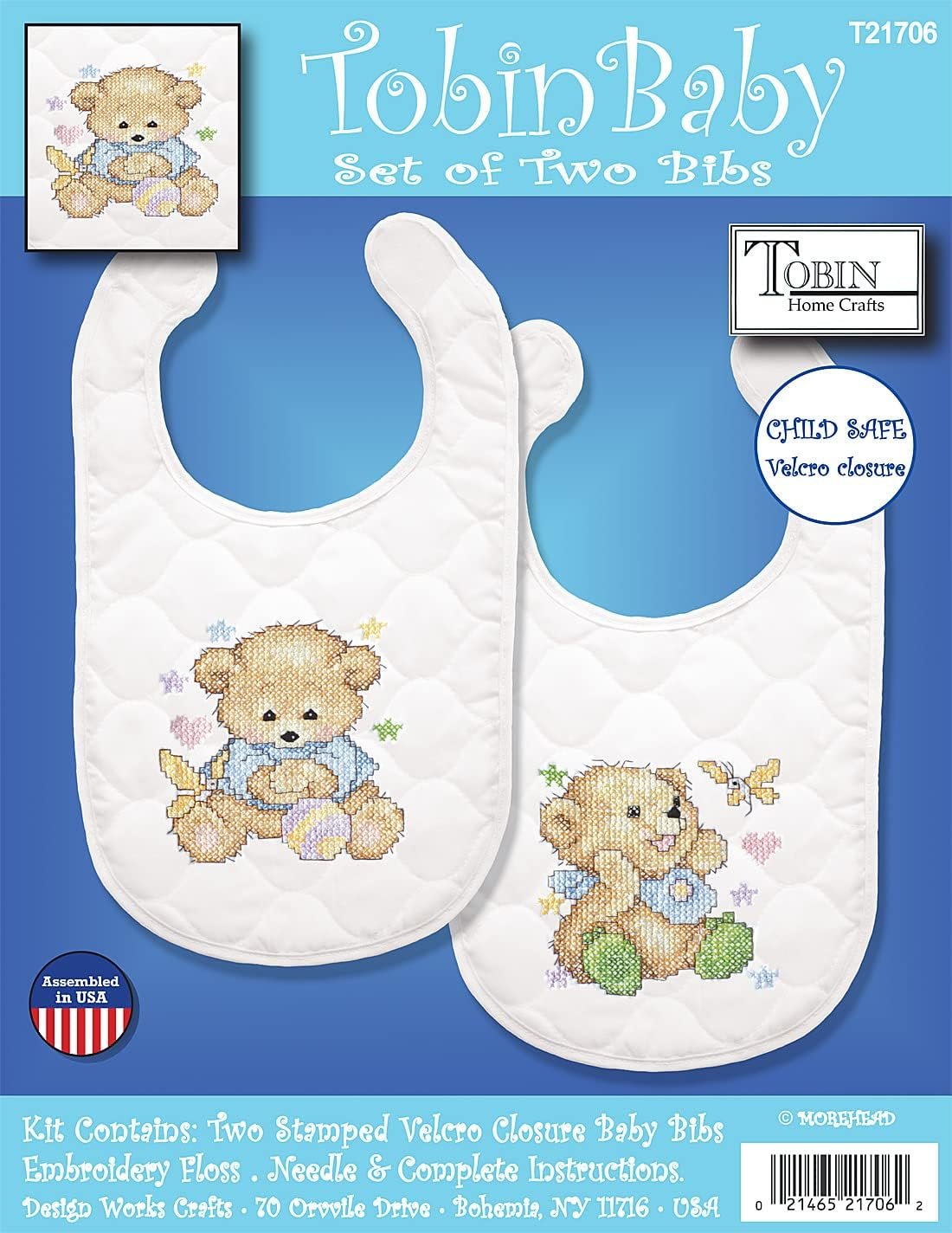 Tobin Bears Stamped for Cross Stitch Baby Bibs Kit 14" x 9"