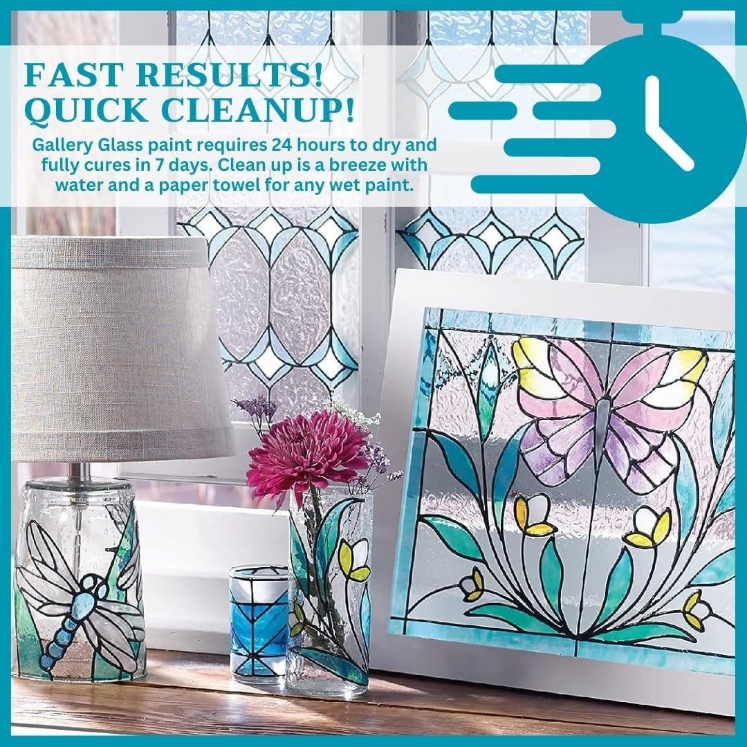 Gallery Glass (2 fl oz Jewel Tones) and 16 Pixiss Stencils for Crafts - Stained Glass Paint and Liquid Leading for Faux Stained Glass Painting with Paint Stencils for Spray Paint, Drawing, etc