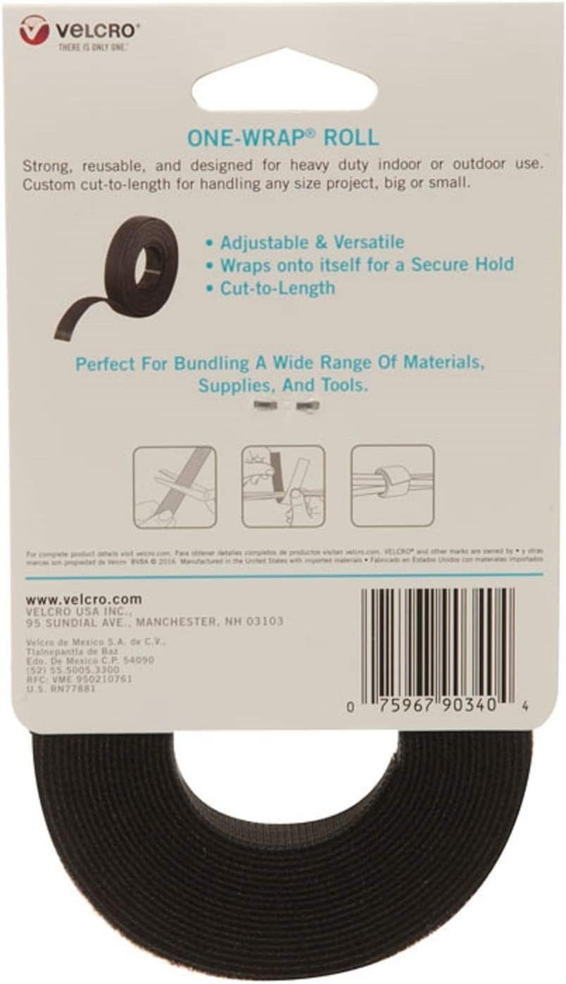 VELCRO Brand - ONE-WRAP Roll, Double-Sided, Self Gripping Multi-Purpose Hook and Loop Tape, Reusable, 12' x 3/4" Roll - Black