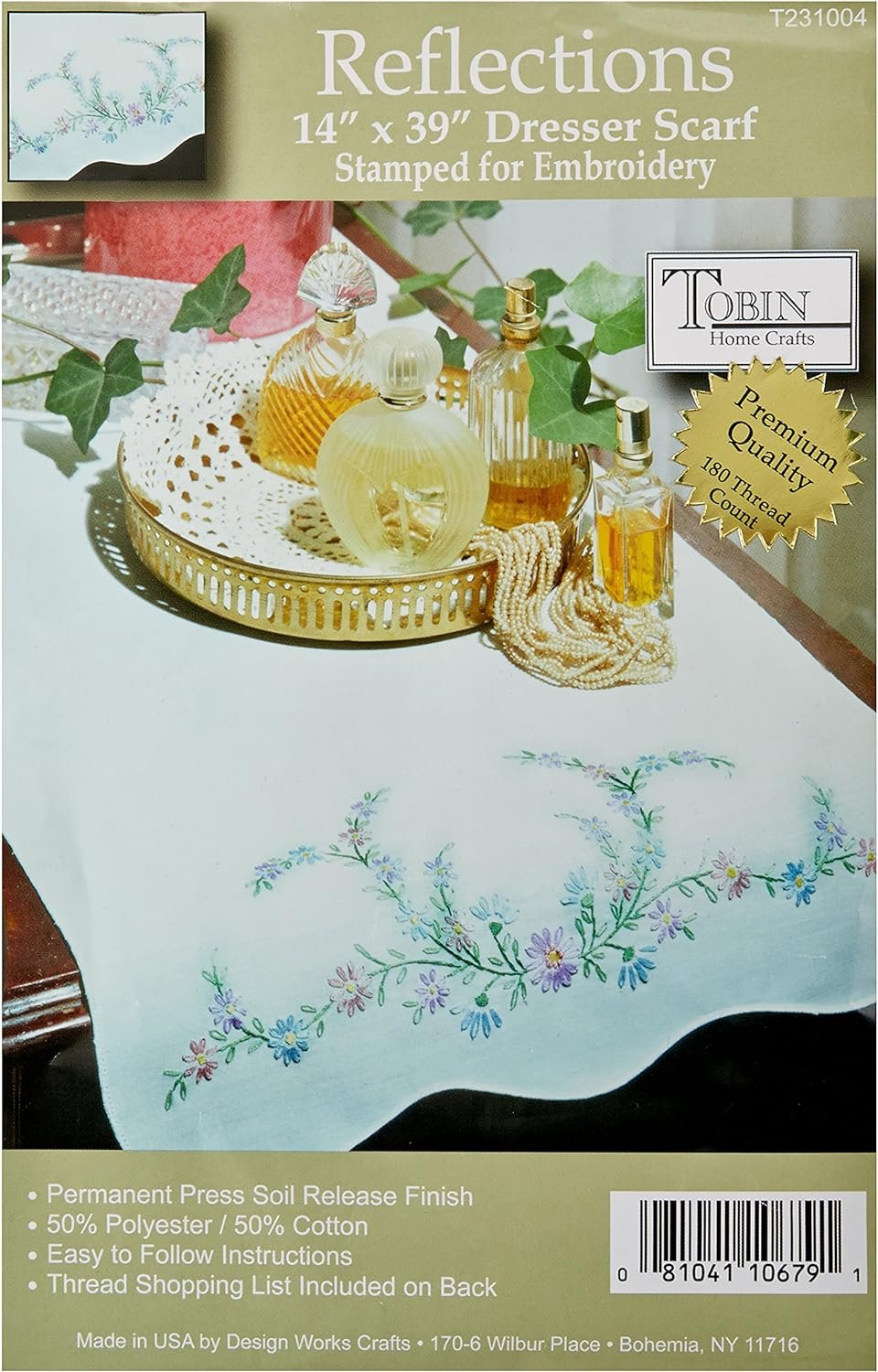 Tobin Stamped Dresser Scarf, Reflections, 14" x 39" Embroidery Kit, White