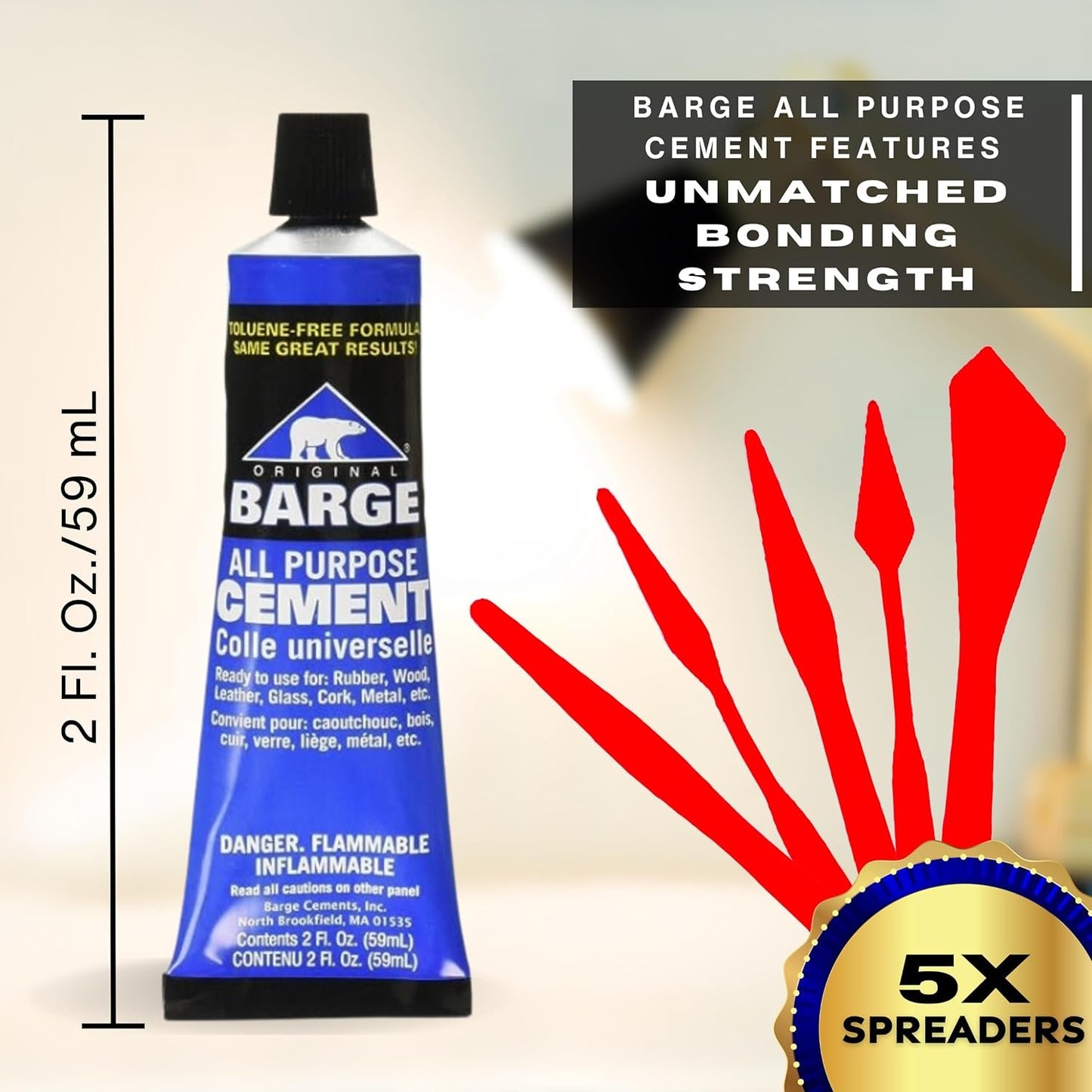 Barge Contact Cement Adhesive All Purpose (2oz) with Pixiss Paste Spreaders (5pcs) - Water Resistant & Toluene-Free Quick Dry Cement - Barge Cement for Shoes, Vinyl, etc. with 5pc Glue Spreader Set