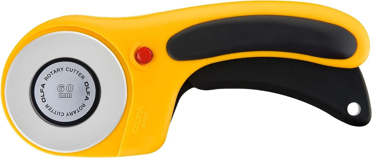 OLFA 60mm Ergonomic Rotary Cutter (RTY-3/DX) - Rotary Fabric Cutter w/Blade Cover & Squeeze Trigger for Quilting, Sewing, Crafts, Replacement Blade: OLFA RB60-1