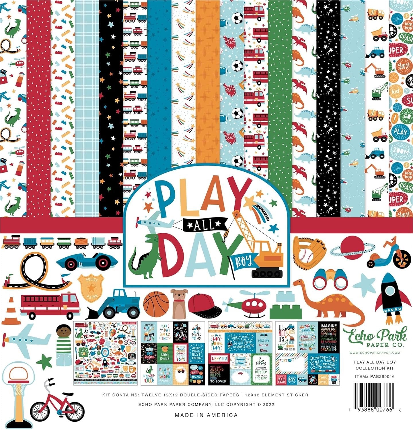 Echo Park Paper Company Play All Day Boy Collection Kit, White, 12-x-12-Inch