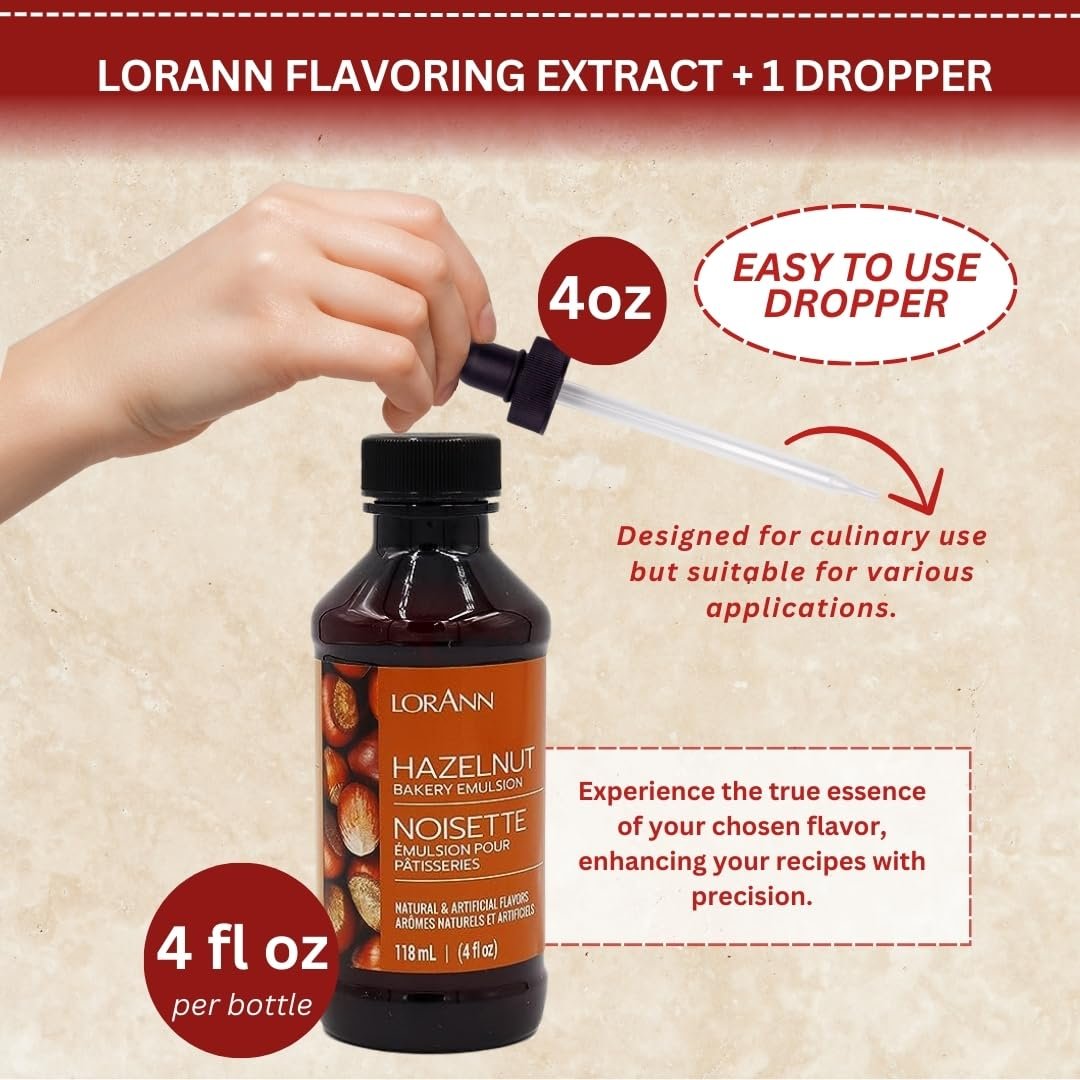 LorAnn Flavoring Extract (4 oz) Hazelnut Flavor with 4 oz Eye Dropper - Extracts and Flavorings for Baking and Lip Gloss Flavoring, Candy Making, etc