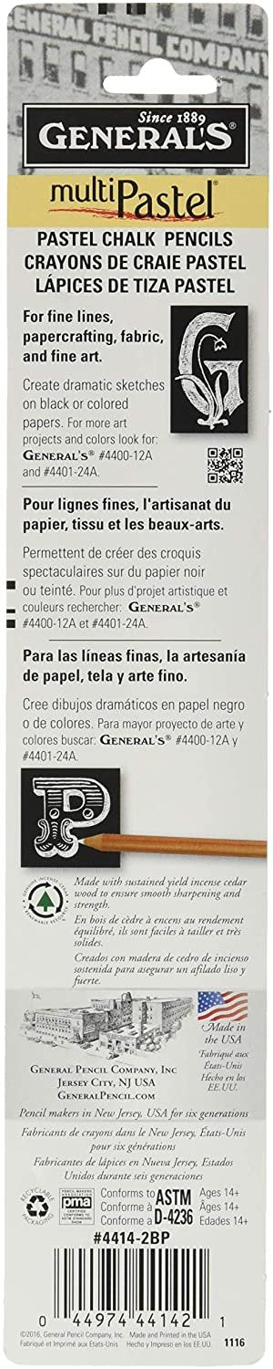 2-Pack - General Pencil Gen-4414-2BP 2 Pencils/Pack Multi-Pastel Chalk Pencils, White