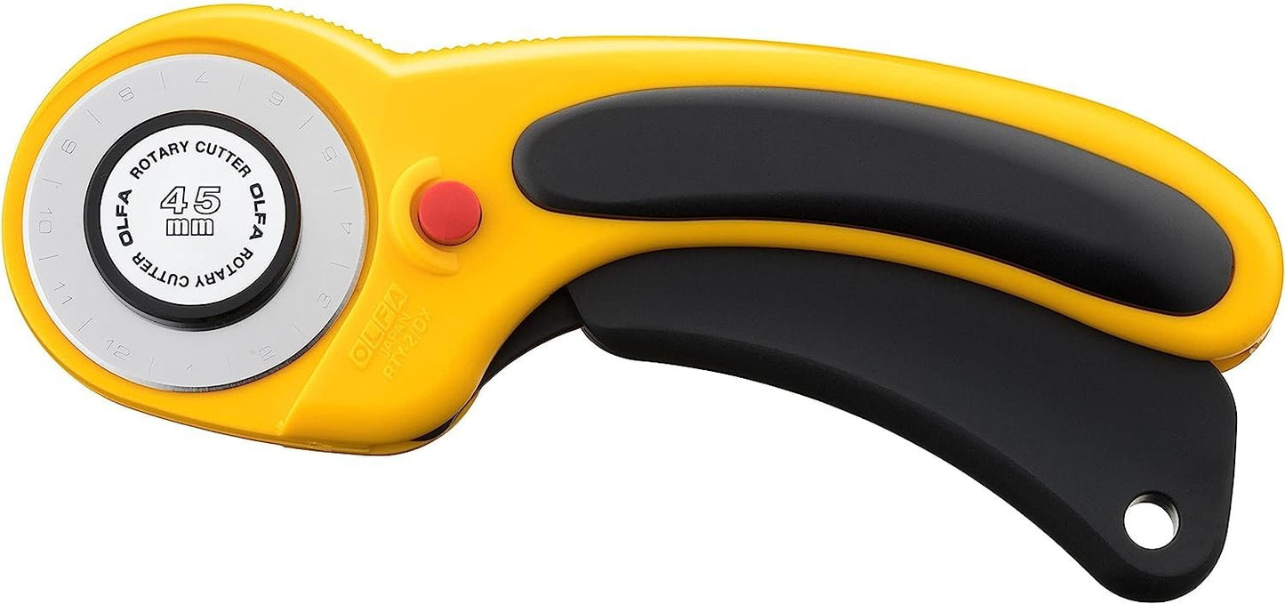OLFA 45mm Ergonomic Rotary Cutter (RTY-2/DX) - Rotary Fabric Cutter w/ Blade Cover & Squeeze Trigger for Quilting, Sewing, Crafts, Replacement Blade: OLFA RB45-1H