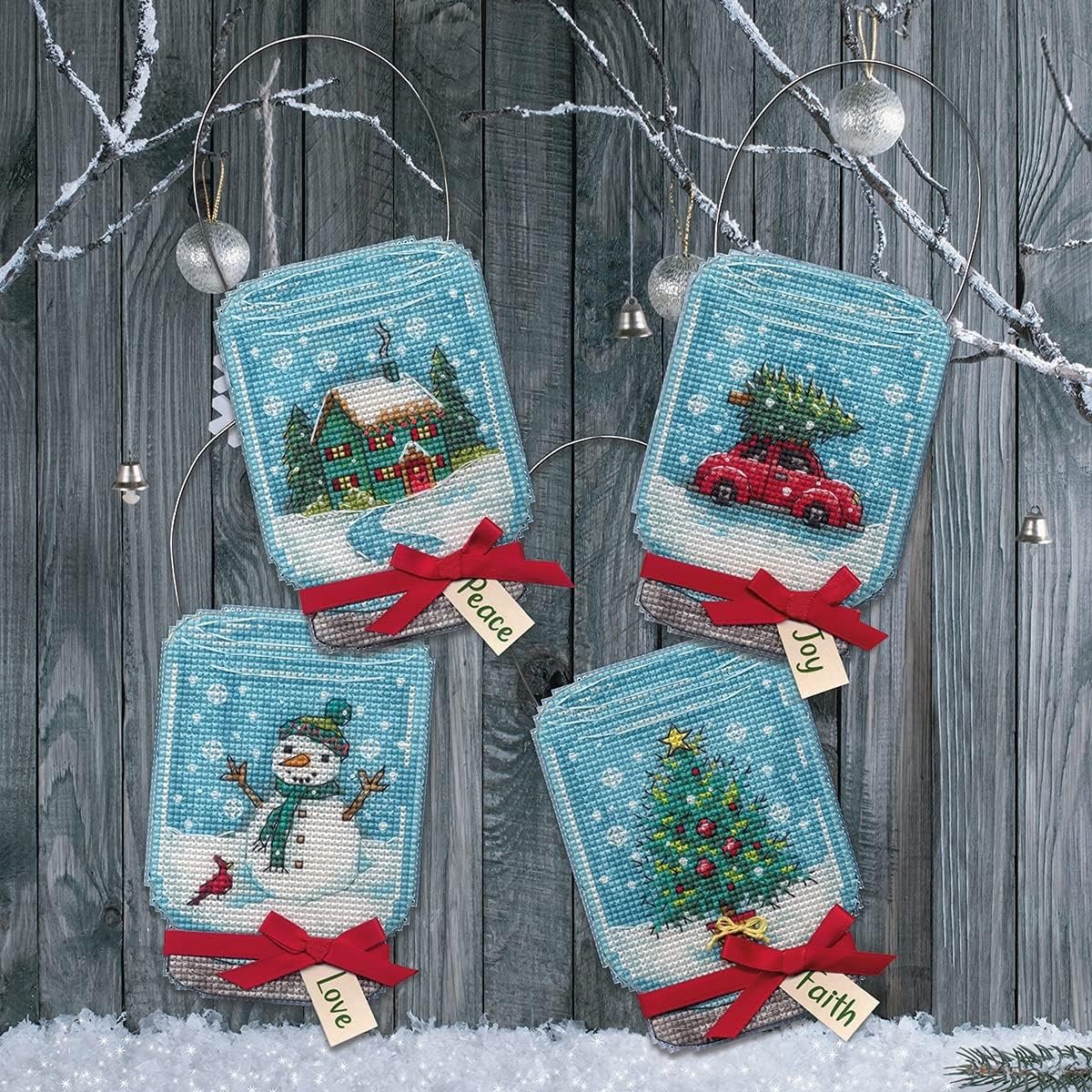Dimensions 70-08997 Holiday Jar Christmas Ornament Cross Stitch Kit, 3" x 7", 14 Count Clear Plastic Canvas, Various