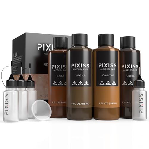 Pixiss Brown Alcohol Ink Set 4 Pack 4oz Bottles with Mini Squeeze Bottles Alcohol Ink for Epoxy Resin Yupo Paper Tumblers Coasters Resin Colorant for Resin Art Supplies