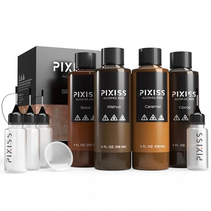Pixiss Brown Alcohol Ink Set 4 Pack 4oz Bottles with Mini Squeeze Bottles Alcohol Ink for Epoxy Resin Yupo Paper Tumblers Coasters Resin Colorant for Resin Art Supplies
