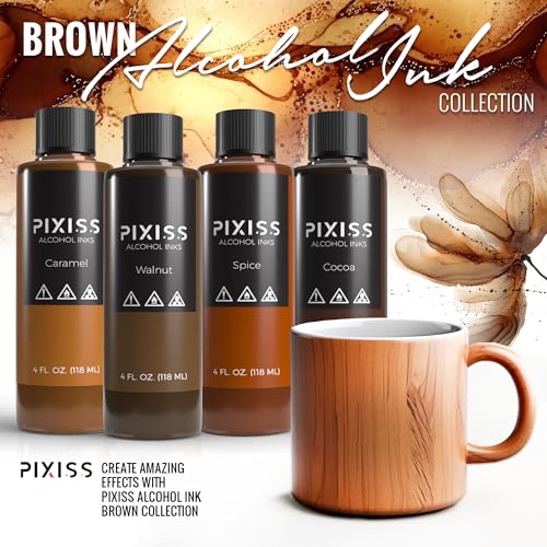 Pixiss Brown Alcohol Ink Set 4 Pack 4oz Bottles with Mini Squeeze Bottles Alcohol Ink for Epoxy Resin Yupo Paper Tumblers Coasters Resin Colorant for Resin Art Supplies