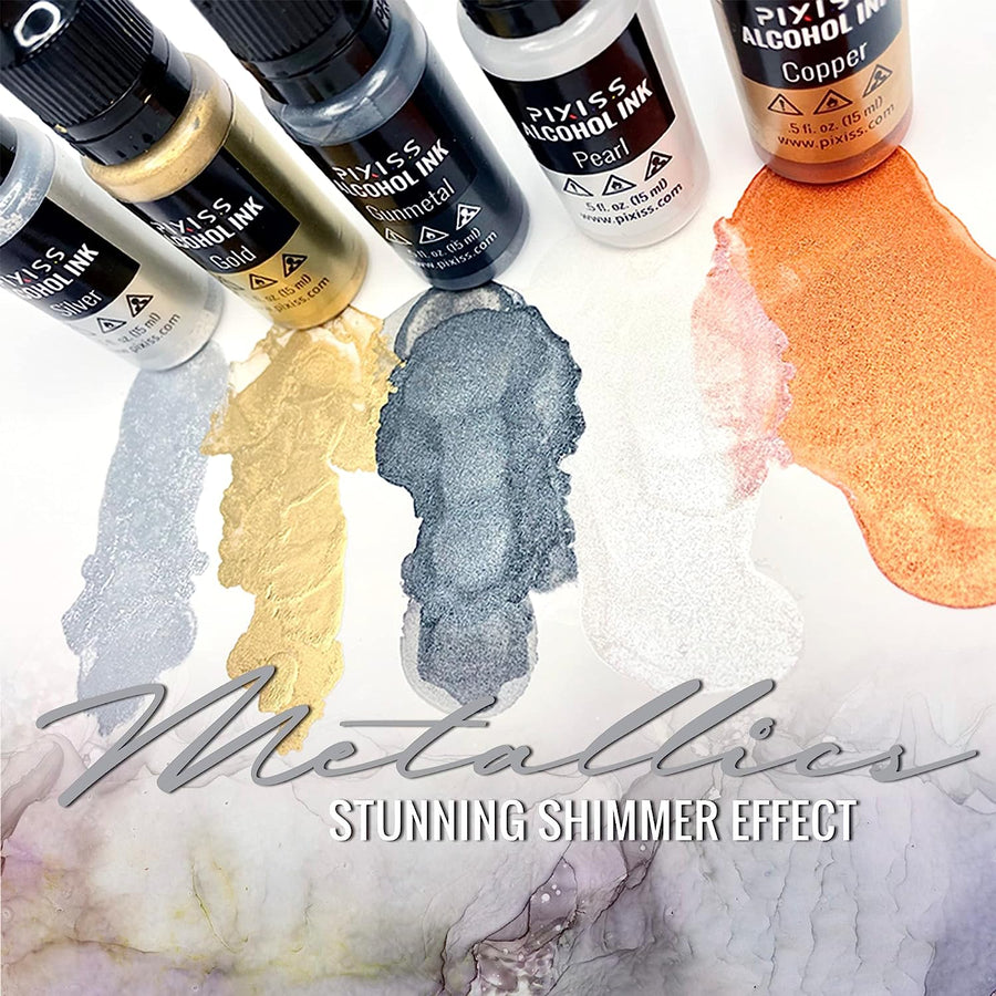 Pixiss Metallics Alcohol Inks Set, 5 Highly Saturated Metallic Alcohol Inks  for Resin