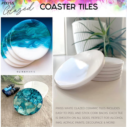 PIXISS Glazed Round Ceramic Coaster/Tiles with Cork Backing - 50PC