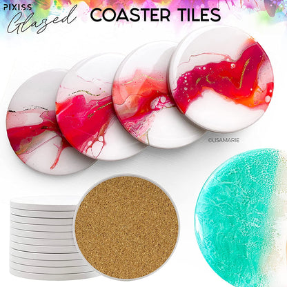 PIXISS Glazed Round Ceramic Coaster/Tiles with Cork Backing - 50PC