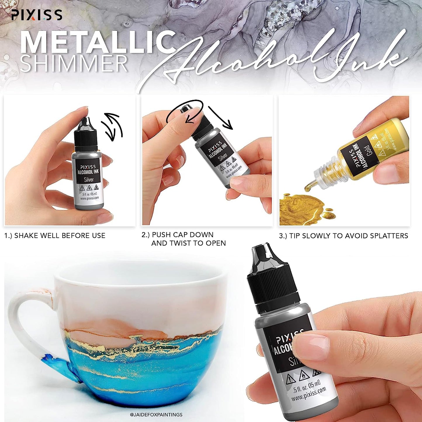 PIXISS Metallic Alcohol Inks, 4oz. Alcohol Ink Snow (White), Applicator Bottle & Funnel
